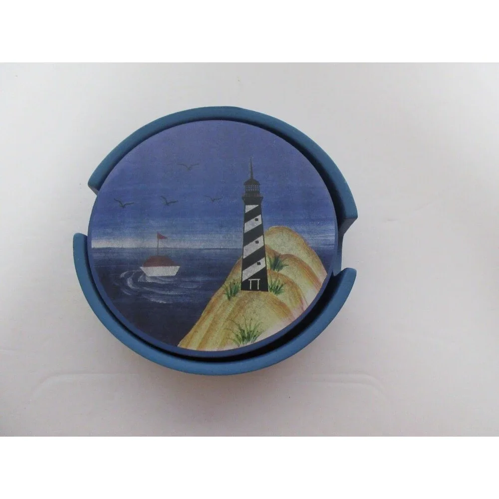 Set of 4 Lighthouse Theme Coasters in Ceramic Holder Beach House Ocean